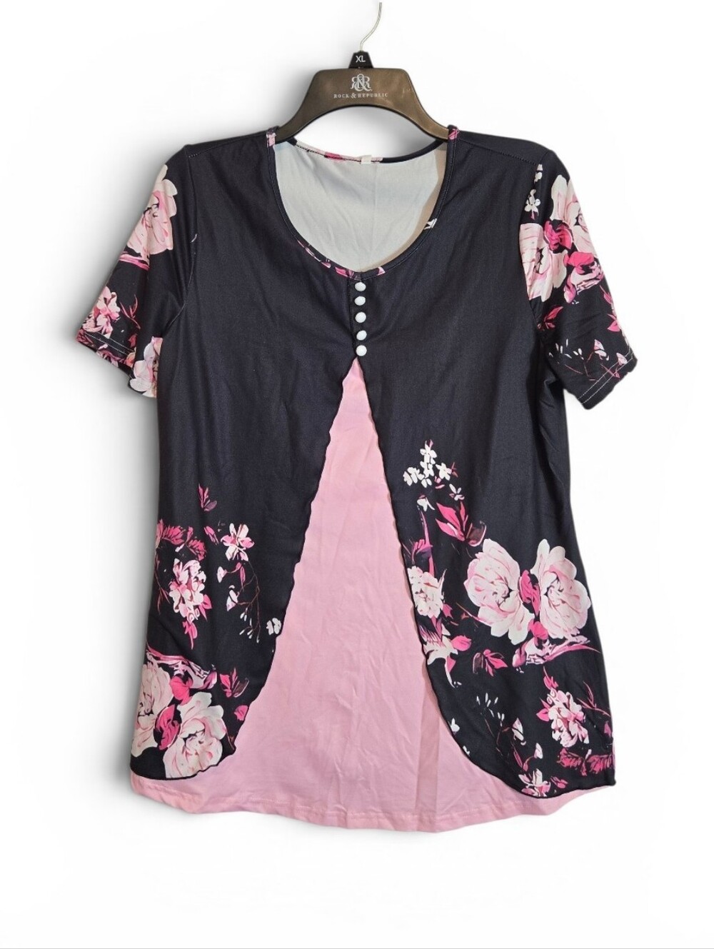 Boutique Size Women Medium Black and Pink Cherry Bossom Floral Blouse Top